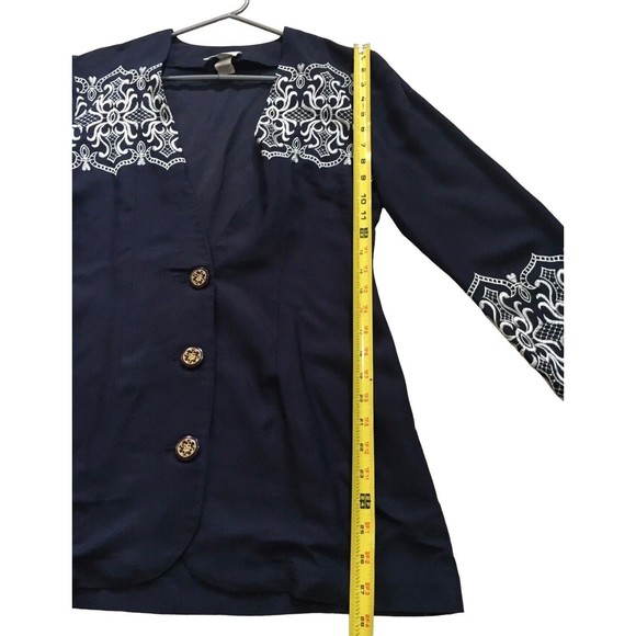 Vintage Womens Embroidered Button Blazer Navy Ivory S/M Small Affinity By Margos - Picture 10 of 11